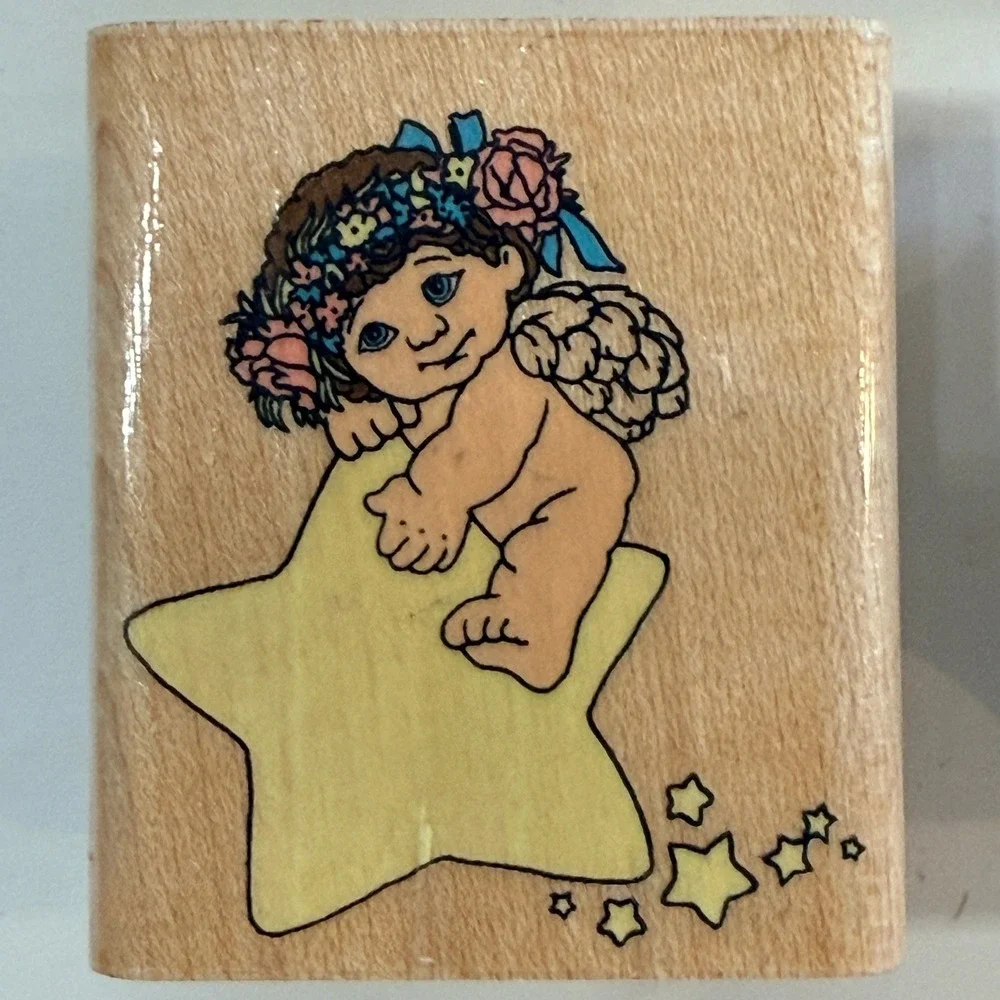 Precious Moments Rubber‎ Stamp Set Cherub Angel Moon Star Wood Tan Rubber